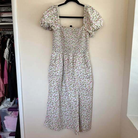 J. Crew Meadow Floral Smocked Dress Light Blue Pink Slit Short Puff Sleeve Sz S - Picture 3 of 7